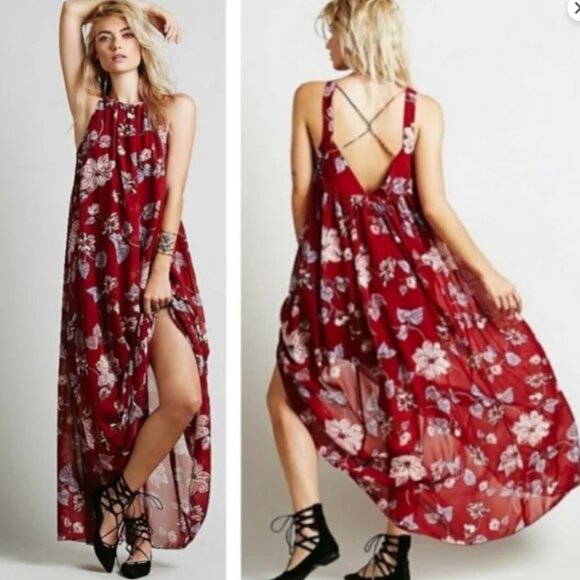 Free People Dresses & Skirts - *SOLD*Free People Deep Red Floral Maxi Dress. Size XS.
